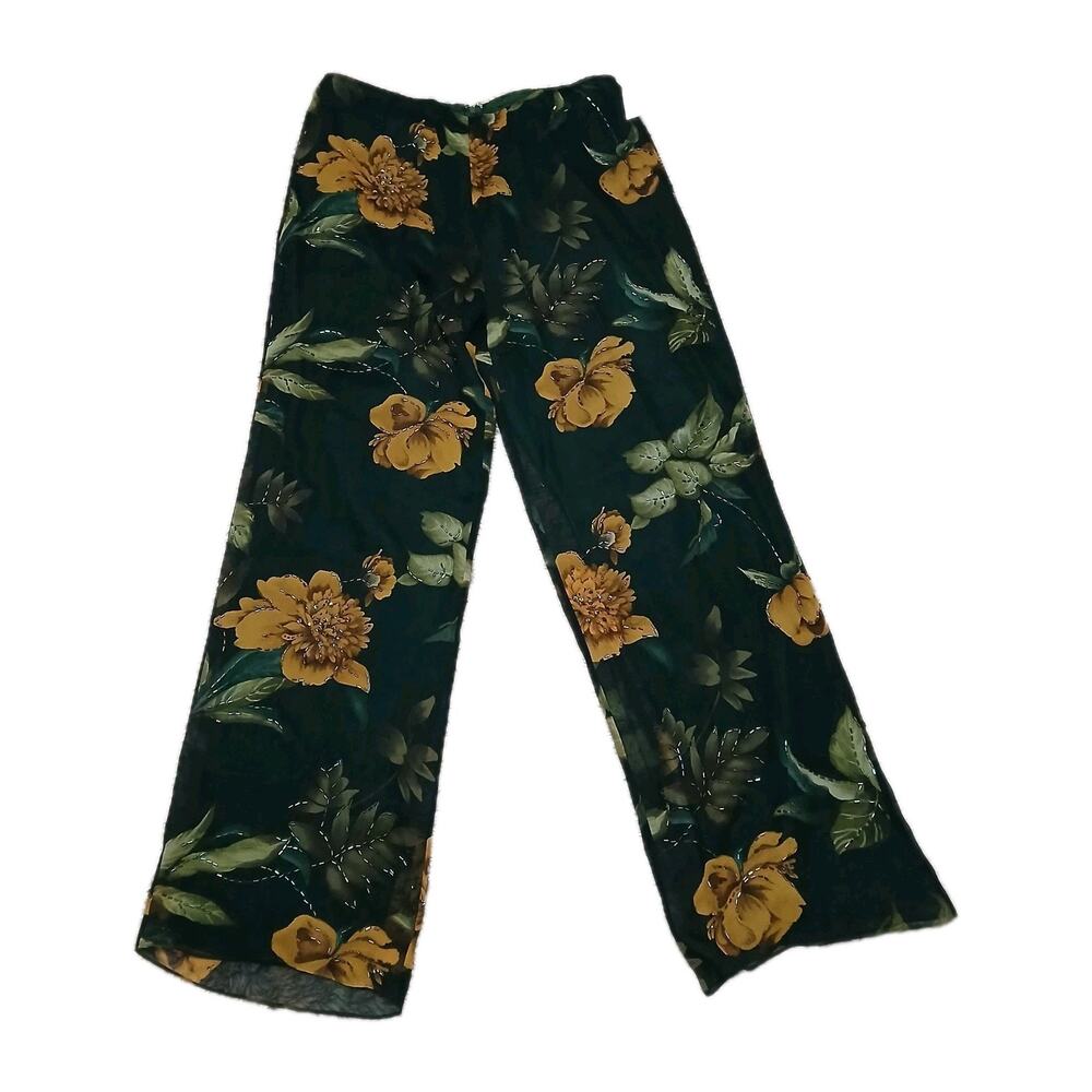 Kerry & Diane 100% Silk Floral Wide Leg Pants Size 12‎ Green Gold Botanical High